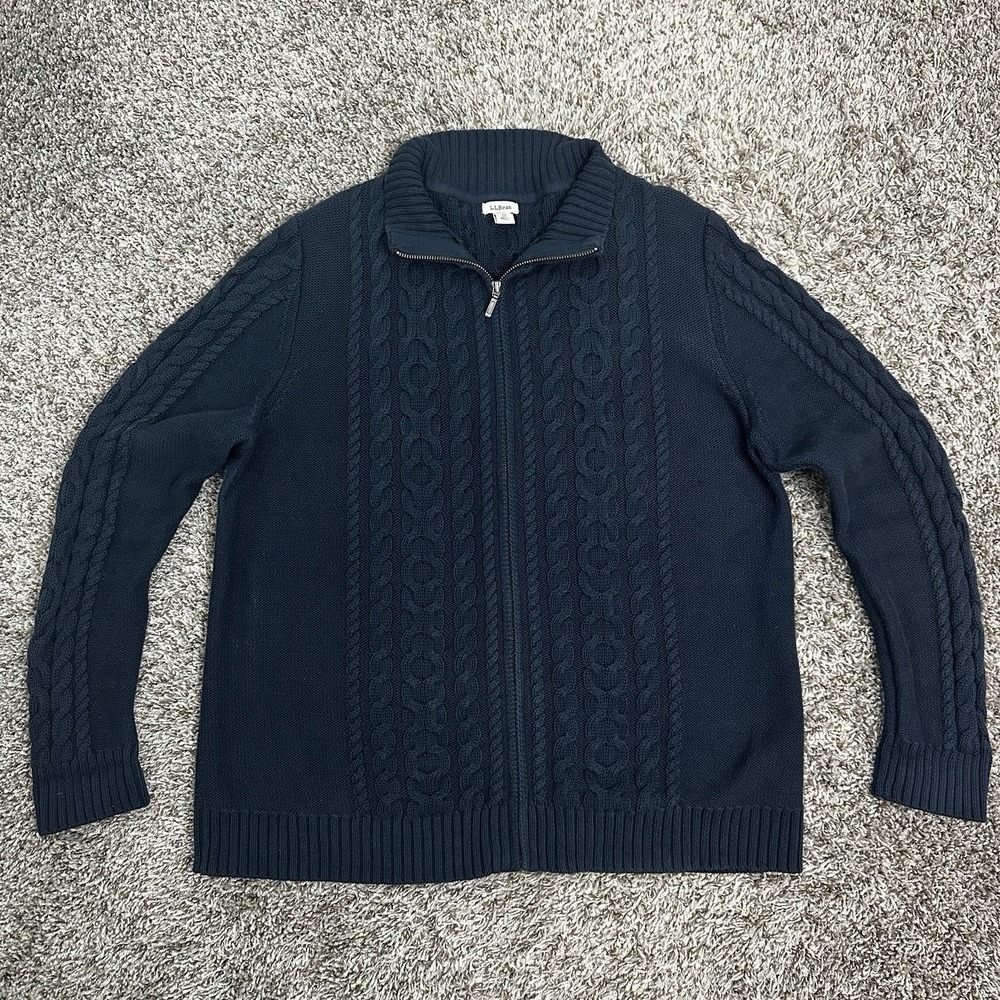 LL Bean Women XL Navy Blue Cable Knit Full Zip Mock Neck Cardigan Sweater